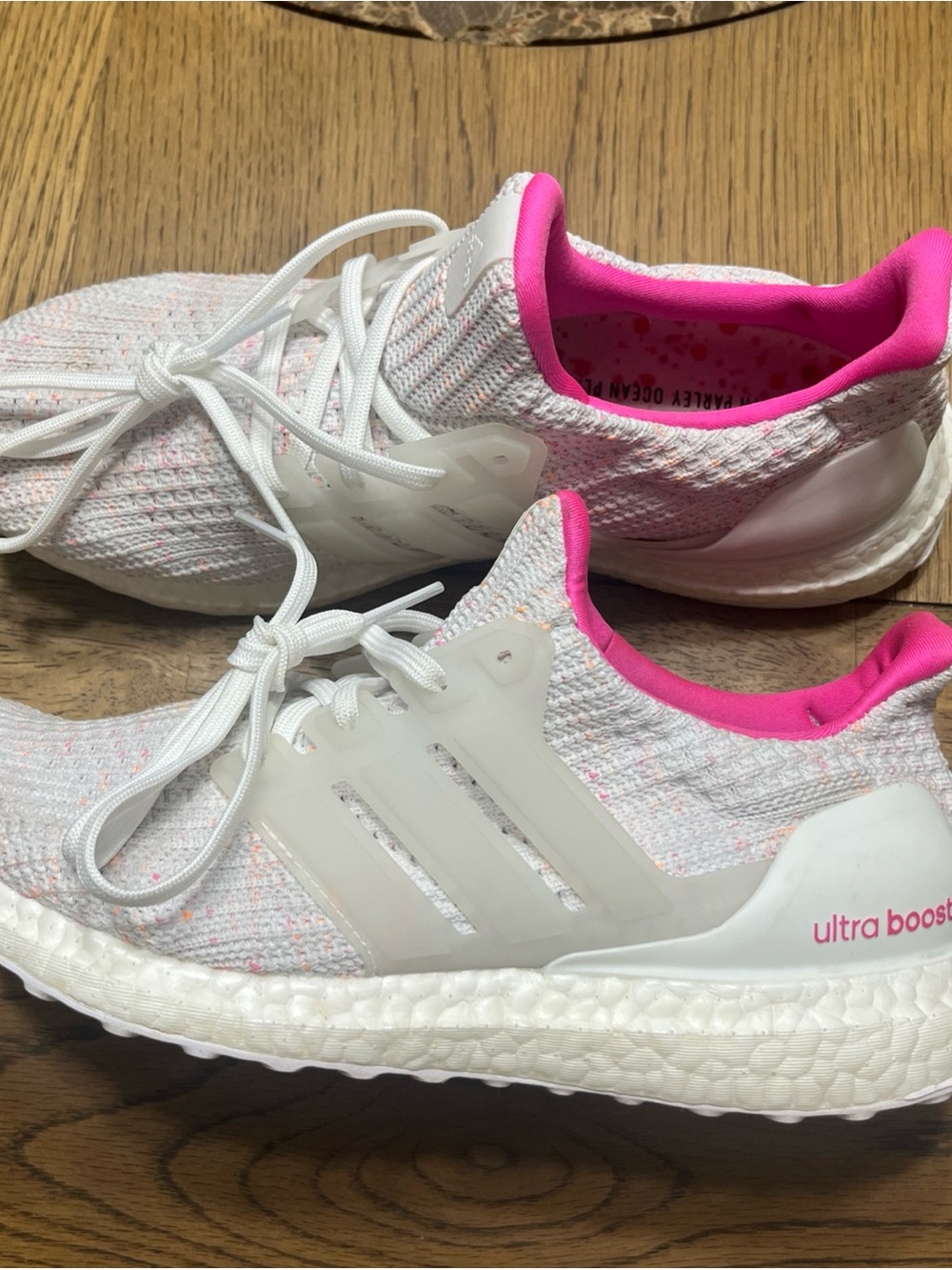 adidas White Knit Sneakers with Bright Pink Collar